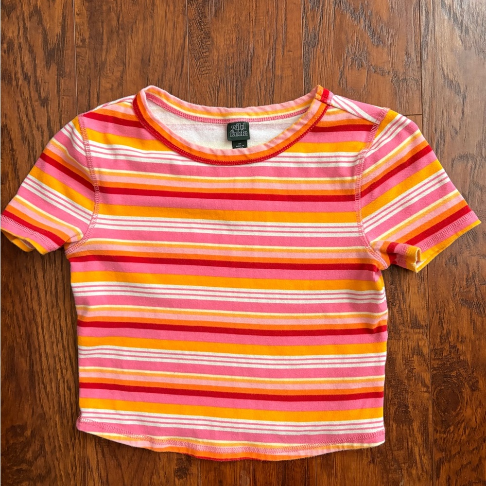 wild fable Bright Pink and Orange Striped Cropped Tee